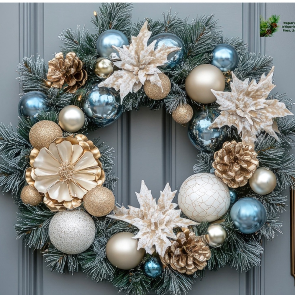 Blue Christmas Frosted Evergreen Wreath